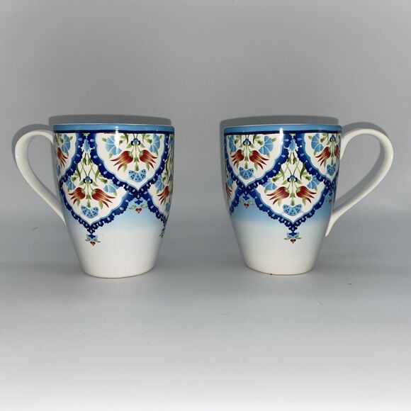 222 Fifth Tunisia Porcelain Floral Blue Coffee Cup Mug Set of 2 - Picture 10 of 10